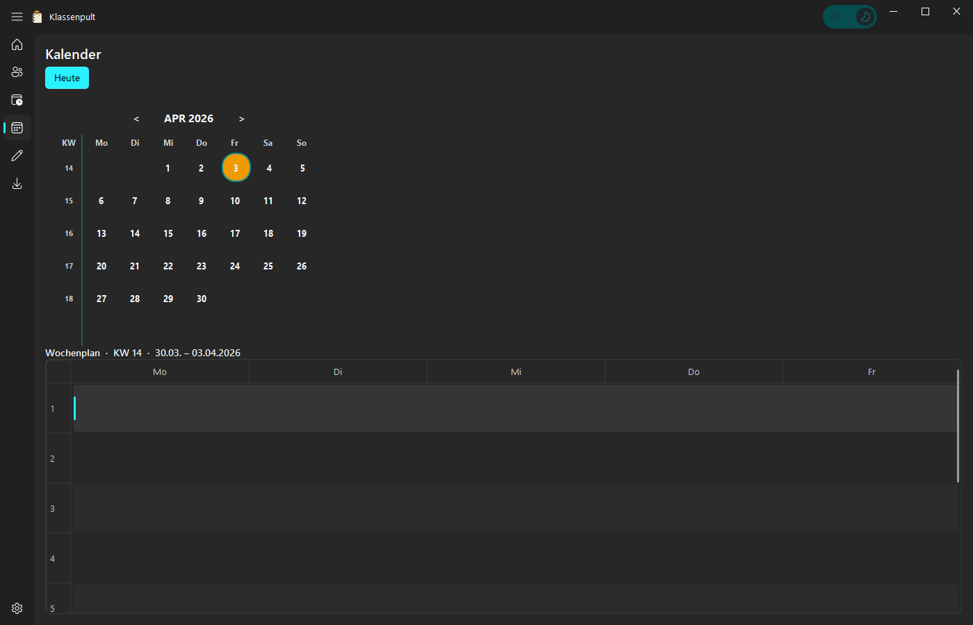 Klassenpult Kalenderansicht — Monatsübersicht mit Wochenplan