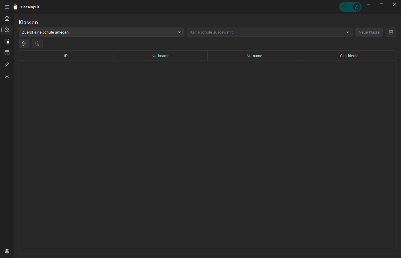 Klassenpult Klassenübersicht mit Schülertabelle, Schul- und Klassenauswahl