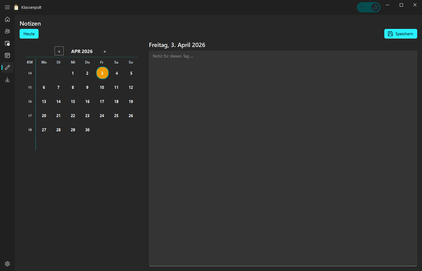 Klassenpult Notizen-Ansicht mit Kalender und Tagesnotiz-Editor